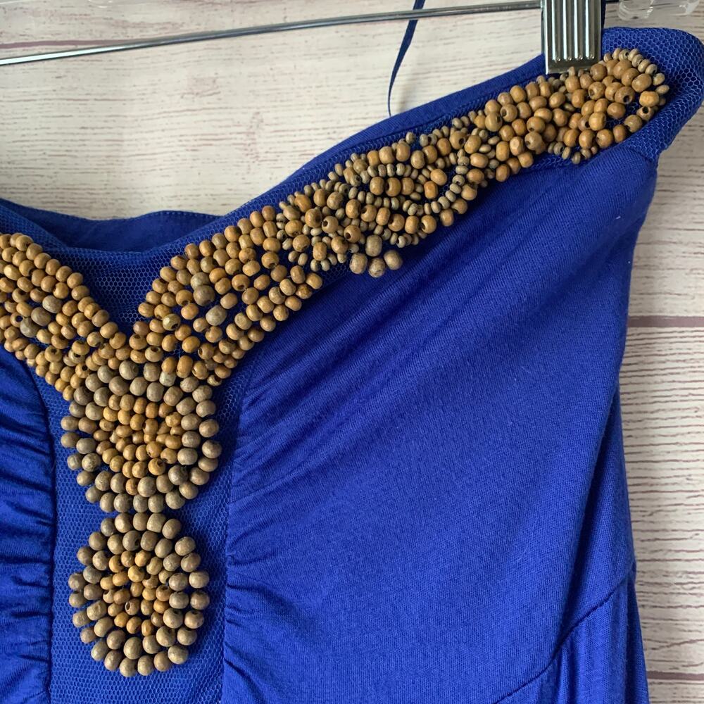 Design History Royal Blue Strapless Maxi Dress Wood Beaded Neckline Size Missy M - Picture 10 of 14